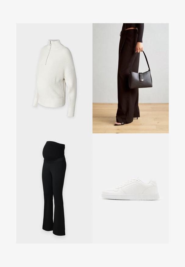 Suéter blanco de punto con un cuello alto, media cremallera y puños acanalados. Diseñado con un corte holgado y aberturas laterales para mayor comodidad.; ONLY MATERNITY OLMPAIGE  - Pantalones - black; Zapatilla blanca hecha de material sintético liso, con puntera redondeada, diseño de cordones, suela plana y sutiles detalles perforados.; Bolso negro con forma estructurada, textura suave y un cierre metálico. Combinado con pantalones anchos negros y sandalias de dedo en un suelo de madera.