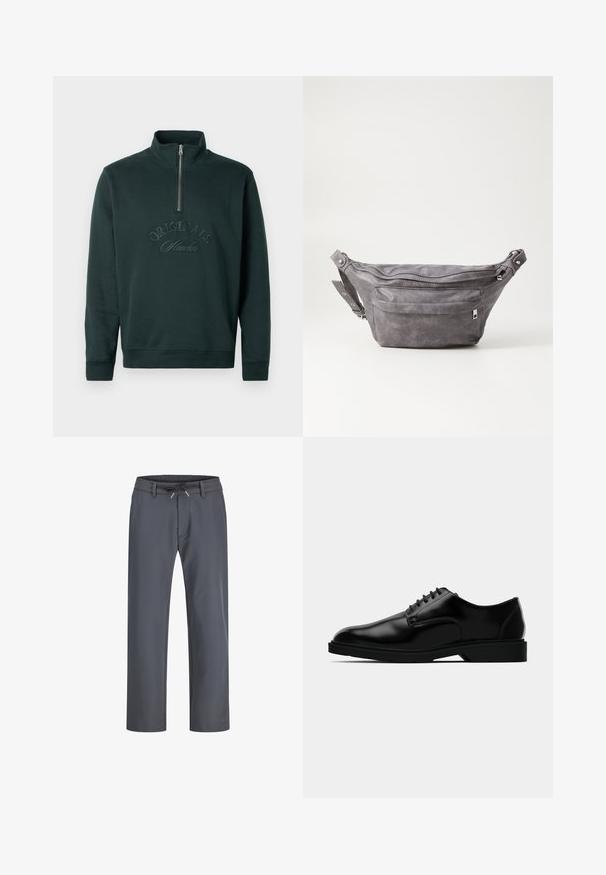 Sweatshirt vert foncé avec un col montant et une fermeture éclair milieu. Présente un texte en relief "ORIGINALS Studio" sur le devant. Texture douce.; Pantalons gris à taille élastique avec cordon de serrage. Conception à jambes droites, fabriqués en tissu lisse, présentent des coutures minimales et aucun matériel visible.; Chaussure habillée en cuir noir avec une finition lisse, bout rond, système de laçage, et semelle en caoutchouc discrète pour une meilleure traction.; Sac banane en suède gris avec une forme arrondie, deux compartiments zippés et une sangle réglable. Comprend des accents en métal.