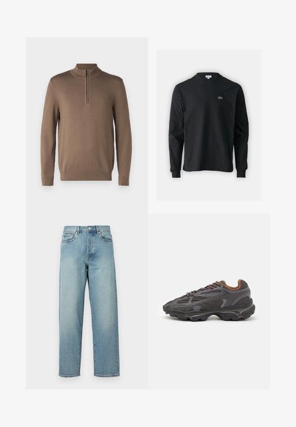 Brązowy sweter z półzamkiem i stójką. Dziane wykończenie z prążkowanymi mankietami i dolnym brzegiem. Małe logo na piersi.; Czarna koszulka z długim rękawem, wykonana z bawełny, z okrągłym dekoltem i małym haftowanym logo krokodyla w kolorze zielonym po lewej stronie klatki piersiowej.; Jasnoniebieskie dżinsy o luźnym kroju, proste nogawki, pięć kieszeni i zapięcie na guzik w talii. Minimalistyczne detale w szwie.; Sneakers Lacoste w ciemnoszarym kolorze, wykonane z siateczki i materiału syntetycznego, z teksturowaną podeszwą oraz brązowymi akcentami na kołnierzu i logotypie.