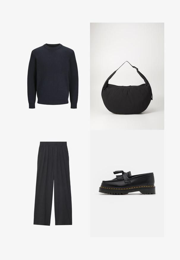 Marineblauer gerippter Strickpullover mit rundem Halsausschnitt und langen Ärmeln; verfügt über einen strukturierten Stoff und einen taillierten Saum.; Weit geschnittene Hosen aus dunkelgrauem Stoff. Merkmale sind Falten an der Taille, ein maßgeschneiderter Schnitt und eine gerade Silhouette.; Schwarze Lederloafers mit einem fransenverzierten Akzent, ausgestattet mit einer robusten schwarzen Sohle und gelber Naht entlang der Kante. Texturierte Oberfläche.; Schwarze Schultertasche aus Stoff mit geschwungener Form, ausgestattet mit einem einzigen Tragegurt und einem Reißverschluss. Weiche Textur, minimalistisches Design.