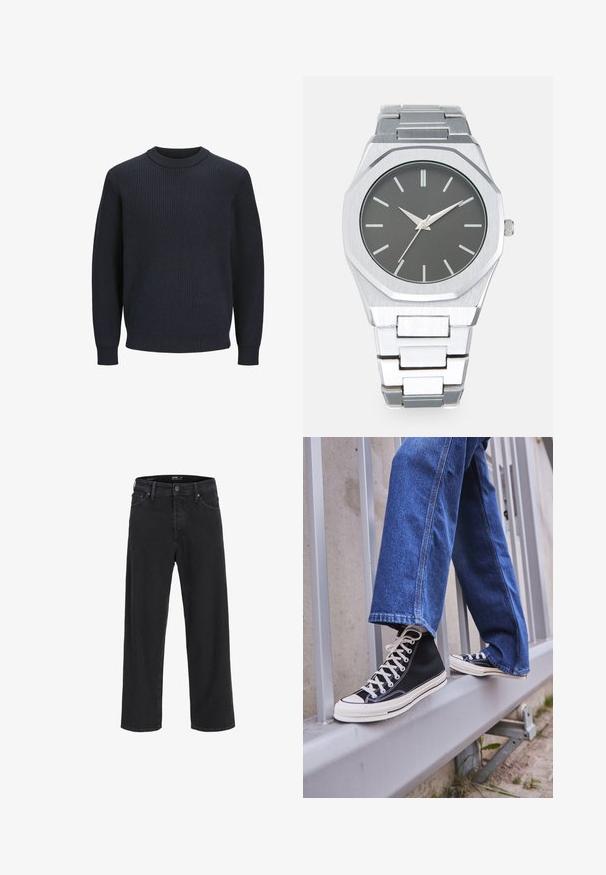 Marineblauwe geribde gebreide trui met een ronde halslijn en lange mouwen; heeft een gestructureerde stof en een aansluitende zoom bij de taille.; Zwarte recht gesneden denim jeans met knoop- en ritssluiting, riemlussen en voor- en achterzakken.; Zwarte hoge sneakers met witte zool en veters, gecombineerd met losse blauwe denim jeans, rustend op een grijze leuning.; Zilveren analoge horloge met een achthoekige kast, grijze wijzerplaat, zilveren uurmarkers en een bracelet van roestvrij staal. Minimalistisch ontwerp met een gladde textuur.