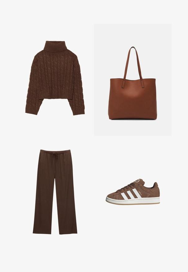 Maglione corto a trecce marrone con collo alto e maniche lunghe, caratterizzato da un orlo a coste e un motivo testurizzato in tutta la sua lunghezza.; Pantaloni larghi marroni realizzati in tessuto morbido, con vita elastica e cordoncino, e due tasche laterali.; Sneakers in suede marrone con strisce in pelle bianca, suola in gomma, punta rotonda e lacci. Presentano un logo sulla linguetta e dettagli perforati.; Borsa tote in pelle marrone con texture liscia, design con apertura superiore e due spallacci. Presenta cuciture minime e nessun hardware visibile.