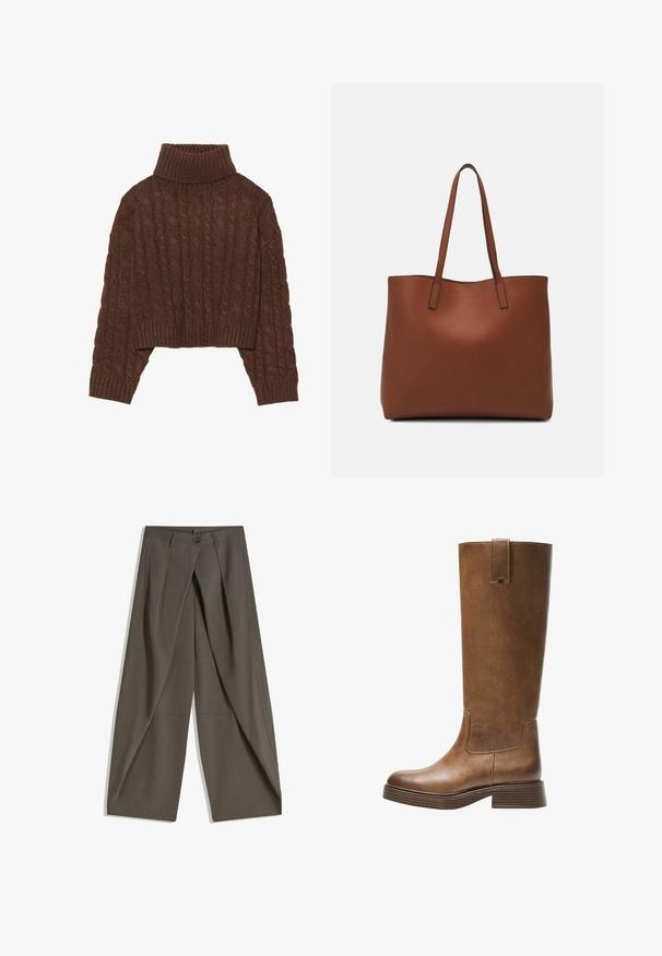 Bruine kabelgebreide cropped trui met een hoge col en lange mouwen, voorzien van een geribde zoom en een gestructureerd patroon in het geheel.; Wijdvallende broek gemaakt van een gestructureerde, donkergrijze stof. Heeft een voorplooien, een knopenluiting en zijzakken voor praktische doeleinden.; Bruine leren laars tot de knie met een ronde neus, gestructureerd oppervlak en een lage, gestapelde hak. Beschikt over een zijpaneel en een aantrektap aan de bovenkant.; Bruine leren tote bag met een gladde textuur, een ontwerp met een open bovenkant en twee schouderbanden. Kenmerkt zich door minimale stiksels en geen zichtbare hardware.