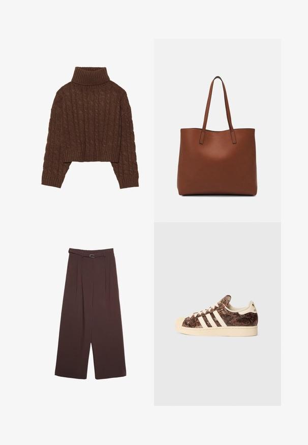 Rjav kabelski pleten krojen pulover s visokim izdelkom za vrat in dolgimi rokavi, s težkim robom in teksturiranim vzorcem po celotni površini.; Stradivarius WIDE-LEG WITH BUCKLE DETAIL - Hlače - dark brown; Sneaker v rjavem vzorcu kače z belimi črtami in kremnimi detajli. Ima zaobljen sprednji del, teksturirano površino in mehak notranji podložek.; Rjava usnjena torba z gladko teksturo, odprto zasnovo zgoraj in dvema naramnima trakovoma. Opremljena je z minimalnim šivanjem in brez vidnih kovinskih delov.