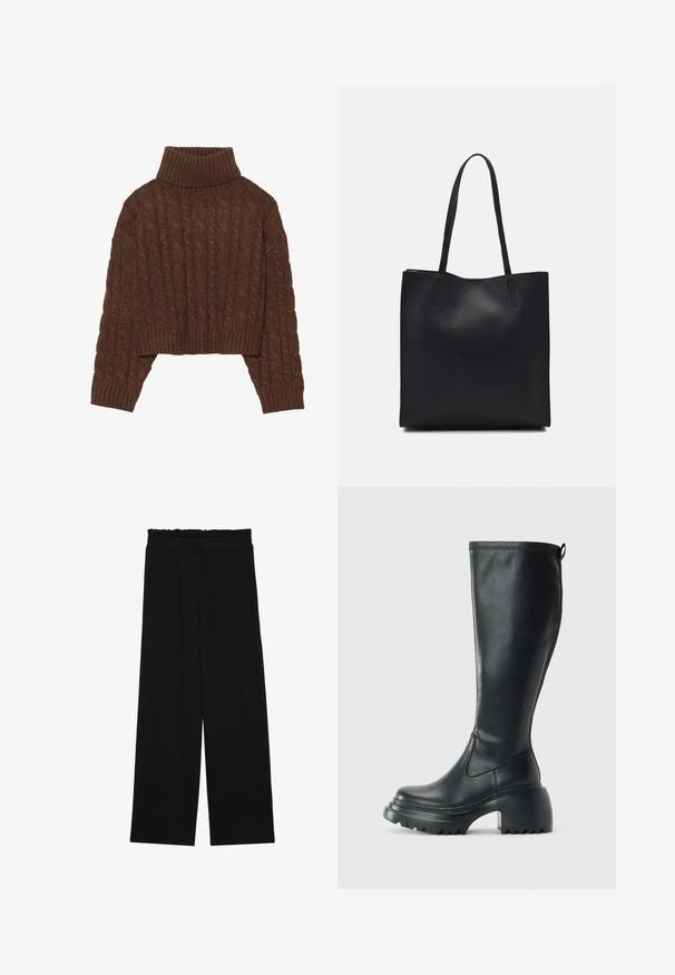 Bruine kabelgebreide cropped trui met een hoge col en lange mouwen, voorzien van een geribde zoom en een gestructureerd patroon in het geheel.; Zwarte wijde broek met een gerimpelde tailleband, voorzien van twee zijzakken en een soepele, lichte stof. Geen zichtbare patronen of hardware.; Hoge zwarte leren laars met een chunky plateauzool en blokhak, voorzien van een trekband en een gestructureerd profiel op de buitenzool.; Zwarte leren handtas met een gladde textuur, rechthoekige vorm en twee lange handvaten. Geen zichtbare hardware of versieringen.