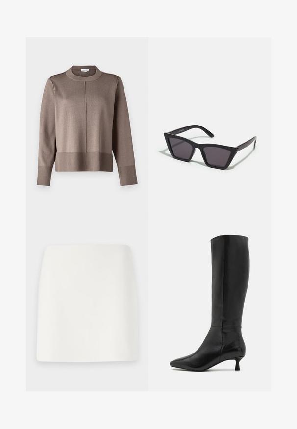 Brūns adīts džemperis ar augstu apkakli, ribotiem piedurknēm un apakšmalu, kā arī gludu tekstūru. Iekļauj centrālo vīlīti priekšā papildu detaļām.; Balta, pieguļoša mini svārku ar gludu tekstūru un tīrām līnijām. Nav redzamu rakstu vai metalizācijas. Taisna apakšmala.; Zign Zābaki - black; Melni, stūrveida saulesbrilles ar pelēkiem objektīviem; izgatavotas no plastmasas, ar biezām kājām, kam ir gluda virsma un nav redzamu stiprinājumu.; Melnas zamšādas gēlu somiņa ar rāvējslēdzēju un noņemamu plaukstas siksniņu. Ar zelta tonis aparatūru un gludu, matētu tekstūru.