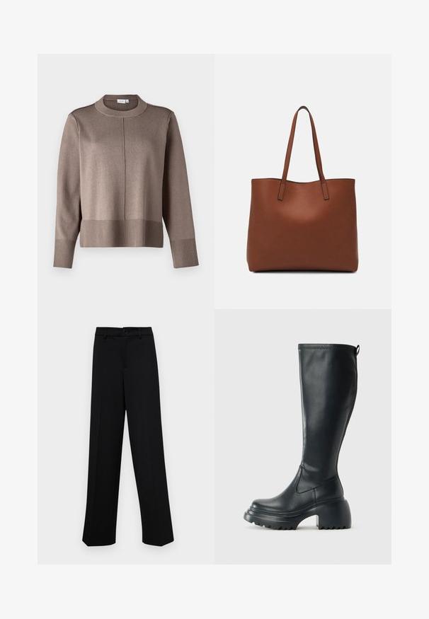 Pruunist kudumist valmistatud sviiter kõrge kaelusega, ribadest varrukate ja hemiga ning silindris sileda tekstuuriga. Kesk-ees oleva õmbluse tõttu on see elegantne lisatud detail.; Musta laiad püksid siledast kangast, millel on klassikaline vöökoht, nööbiga sulgemine ja ees voldid.; Kõrge must nahksaapad, millel on massiivne platvormi tald ja blokk-kand, varustatud tõmbenööriga ja tekstuuriga väljatõmbejääk.; Pruun nahast tote-kott, millel on sile tekstuur, avatud ülaosa disain ja kaks õlarihma. Omab minimaalset õmblust ja nähtavat riistvara ei ole.