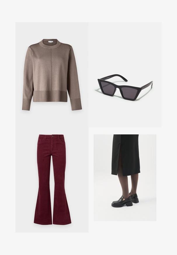 Suéter castanho de malha com gola alta, punhos e barra canelados, e uma textura suave. Apresenta uma costura no centro da frente para um detalhe adicional.; Calças de veludo cotelê em bordeaux, com flare, cinco bolsos, fecho frontal por botão e tecido texturizado. O flare estende-se do joelho até a bainha.; Sapatos de couro pretos com bico arredondado, salto bloco grosso e detalhes elásticos laterais, combinados com meias escuras e uma saia preta com uma abertura.; Óculos de sol pretos, angulares, com lentes cinzas; feitos de plástico, apresentando hastes grossas com uma superfície lisa e sem hardware visível.