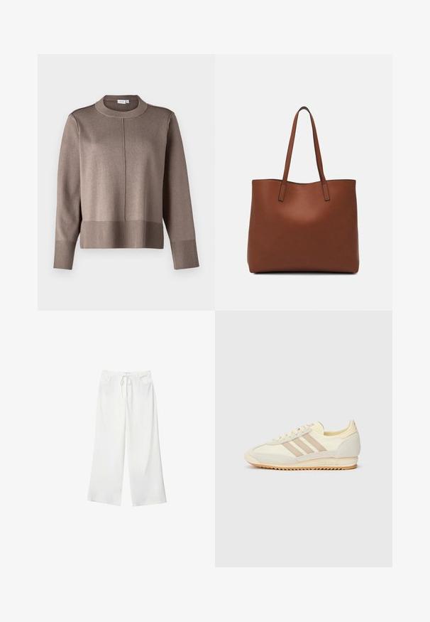 Rjav pleten pulover z visokim ovratnikom, rebrastimi manšetami in robom ter gladko teksturo. Ima šiv po sredini spredaj za dodaten detajl.; Bela široka hlače iz mehkega materiala, z vrvico v pasu in dvema sprednjima žepoma. Gladek texture in brez vidnih vzorcev.; Kremna atletska teniska obutev z tremi bež črtami, usnjatom in tekstilnim materialom, teksturiranim podplatom ter embosiranim logotipom na peti.; Rjava usnjena torba z gladko teksturo, odprto zasnovo zgoraj in dvema naramnima trakovoma. Opremljena je z minimalnim šivanjem in brez vidnih kovinskih delov.