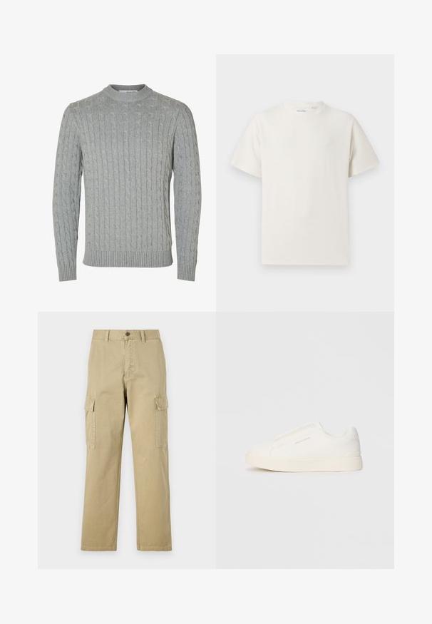 Szürke, kötött pulóver kerek nyakkivágással, bordázott mandzsettákkal és derékrésszel. A textúra kiemelkedő mintázattal rendelkezik az anyagon.; Fehér, rövid ujjú póló bordázott textúrával. Kerek nyakkivágás, laza szabás, nincs látható minta vagy díszítés. Egyszerű és sokoldalú dizájn.; Beige vászon cargo nadrág, két oldalsó zsebbel, gombos záródással, egyenes lábakkal és enyhén texturált anyagból készült.; Fehér slip-on sportcipők texturált felülettel, vastag talppal és minimalista dizájnnal. Az oldalon a márka logója található.