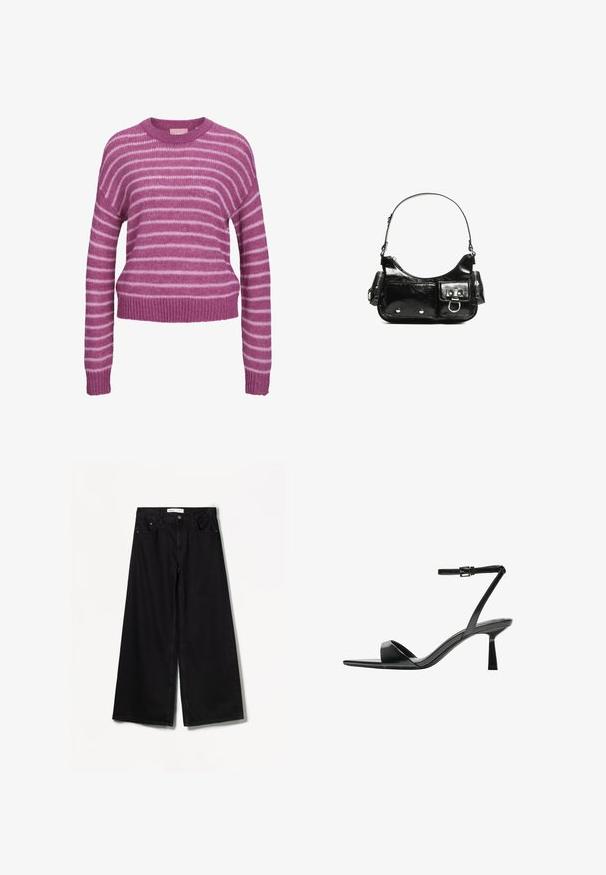 Pink and white striped knitted sweater with a round neckline, dropped shoulders, and ribbed cuffs and hem. Soft texture, cropped fit.; Bershka WIDE-LEG - Wide Leg - black; Bershka High heeled sandals - black; Black patent leather handbag with a curved shape, one shoulder strap, front pockets, and silver-tone hardware accents.