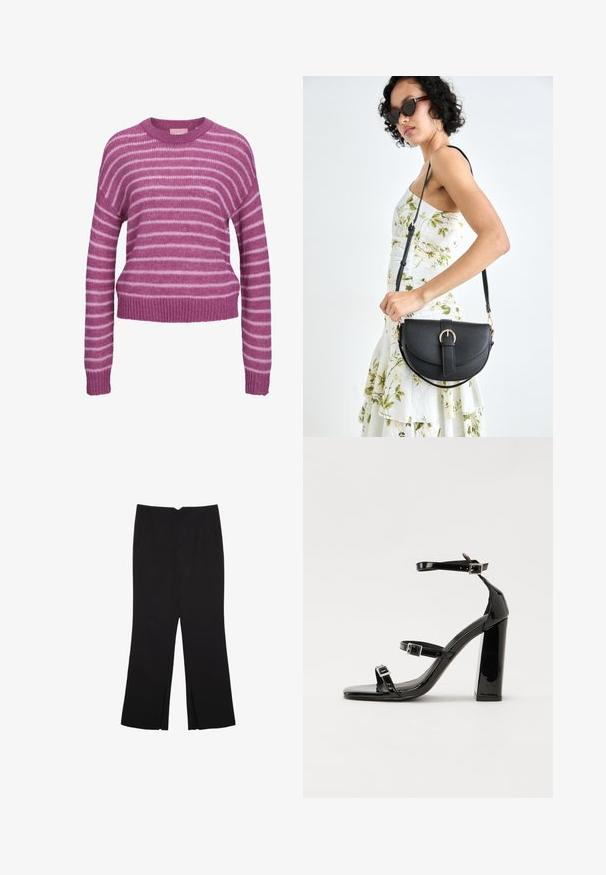 Rosa och vita randiga stickade tröja med rund halsringning, sjunkna axlar och ribbade muddar och nederkant. Mjuk textur, kort passform.; Svarta byxor med rak passform, utrustade med framfickor och sidoklyvningar vid fållen. Tillverkade av mjukt, slätt tyg. Lämpliga för olika tillfällen.; Svarta lackerade klacksandaler med fyrkantig tå, ankelremmar och silverfärgade spännen. Har en kraftig blockklack för stabilitet.; Svart läderhandväska med en böjd form, avtagbar rem och guldiga detaljer. Väskan har ett lock med en spänndetalj.