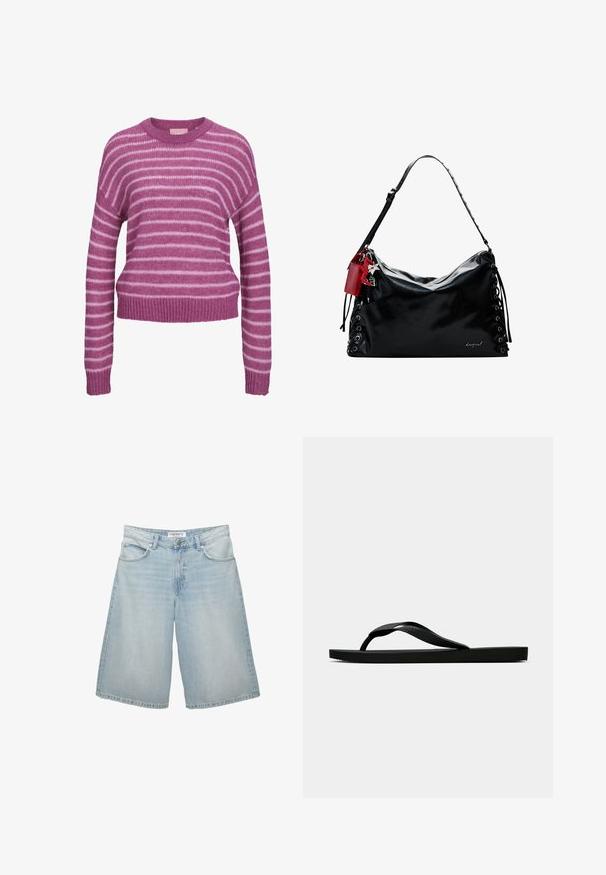 Gestreifter Pullover in Pink und Weiß aus Strick mit rundem Halsausschnitt, überschnittenen Schultern sowie gerippten Bündchen und Saum. Weiche Textur, verkürzte Passform.; Hellblaue Jeansshorts mit weit geschnittenem Design, ausgestattet mit fünf Taschen, Gürtelschlaufen und einem Reißverschluss. Glatte Textur mit leichter Ausbleichung.; Schwarze Gummi-Flip-Flop-Sandale mit einem strukturierten Riemen und einfacher flacher Sohle, von der Seite auf einem schlichten hellen Hintergrund dargestellt.; Schwarze Lederhandtasche mit einem lässigen Design, Schnürdetails an den Seiten und einem roten Akzent-Tag. Verfügt über einen langen, verstellbaren Trageriemen.