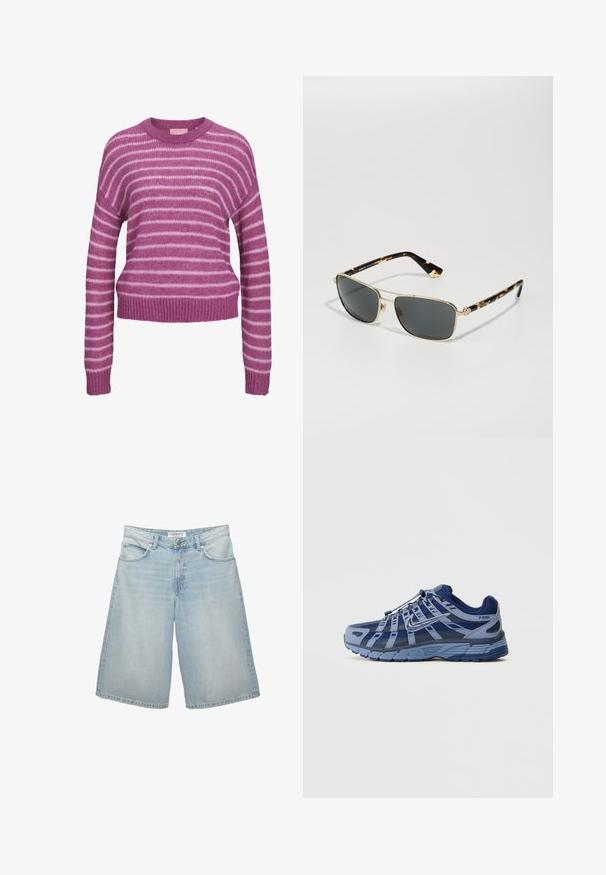 Gestreifter Pullover in Pink und Weiß aus Strick mit rundem Halsausschnitt, überschnittenen Schultern sowie gerippten Bündchen und Saum. Weiche Textur, verkürzte Passform.; Hellblaue Jeansshorts mit weit geschnittenem Design, ausgestattet mit fünf Taschen, Gürtelschlaufen und einem Reißverschluss. Glatte Textur mit leichter Ausbleichung.; Blaues und graues Sportschuh mit einem Mesh-Obermaterial, gummierter Sohle und schichtartigem Design mit reflektierenden Akzenten. Modellname: P-6000.; Sonnenbrille mit grauen Gläsern, rechteckigem goldenen Metallrahmen und schwarz schildpatt-musterartigen Bügeln. Mit metallischen Details an den Schläfen.