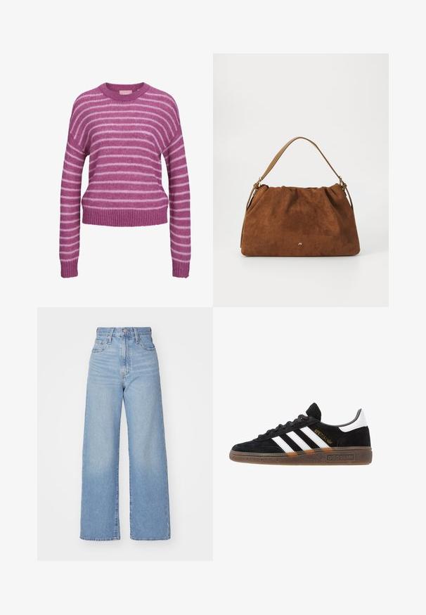Roze en witte gestreepte gebreide trui met een ronde halslijn, verlaagde schouders en ribgebreide manchetten en onderrand. Zachte textuur, gekorte pasvorm.; Lichtblauwe high-waist wijde jeans met een knoop- en ritssluiting aan de voorkant, voor- en achterzakken, op een witte achtergrond.; Zwarte Adidas sneaker met witte strepen, gouden "Spezial" tekst, gumzool en witte hieltab, weergegeven in zijaanzicht.; Bruine suède handtas met een geplooid ontwerp, voorzien van een enkele tan kleur leren schouderband en een subtiele gouden logo-detail aan de voorkant.
