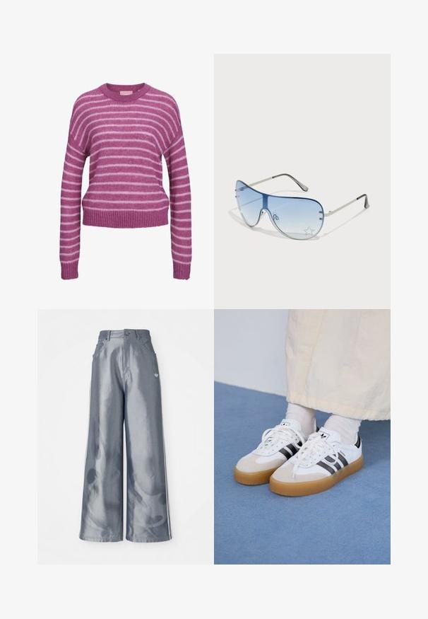 Rozā un baltu svītru adīta džemperis ar apaļu kakla izgriezumu, nokritušiem pleciem un ribotām aprocēm un apakšmali. Mīksta tekstūra, īsāks piegriezums.; Platas kājas bikses no spīdīga pelēka materiāla, ar baltām sānu svītrām un liesmu rakstu apakšējā kāju daļā. Pogas un rāvējslēdzēja aizdare jostasvietā.; Baltas sporta apavi ar melnām svītrām un beisīgo zamšādu akcentiem. Ievies struktūrētu gumijas zoli un izkārtotas baltas šnerves, valkāti ar gaišiem zeķēm.; Pilotstila saulesbrilles ar gradienta zilām lēcām, sudraba metāla rāmjiem un dekoratīvām zvaigžņu akcentiem uz lēcām. Gluda un eleganta dizaina.