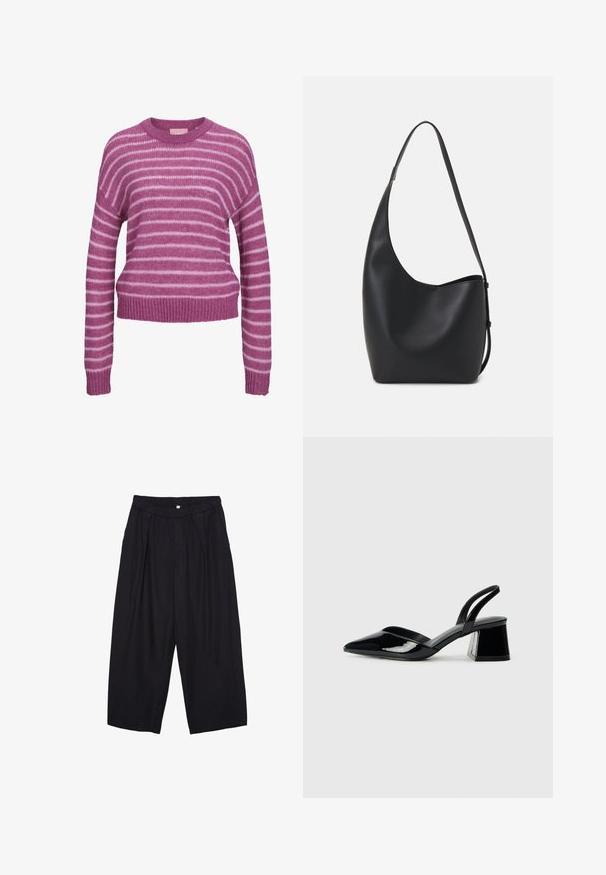 Gestreifter Pullover in Pink und Weiß aus Strick mit rundem Halsausschnitt, überschnittenen Schultern sowie gerippten Bündchen und Saum. Weiche Textur, verkürzte Passform.; Schwarze Polyester-Culotte mit einem elastischen Bund, zwei vorderen Falten und einer lockeren Silhouette. Keine sichtbaren Muster oder Hardware-Details.; Schwarze Lackleder-Slingback-High Heels mit spitzem Schuh und einem geometrischen Blockabsatz. Verfügt über ein schlankes, minimalistisches Design und eine glatte Textur.; Schwarze Leder-Hobo-Tasche mit einer glatten Textur, geschwungener Form und einem einzelnen verstellbaren Tragegurt; verfügt über eine weite Öffnung am oberen Ende.