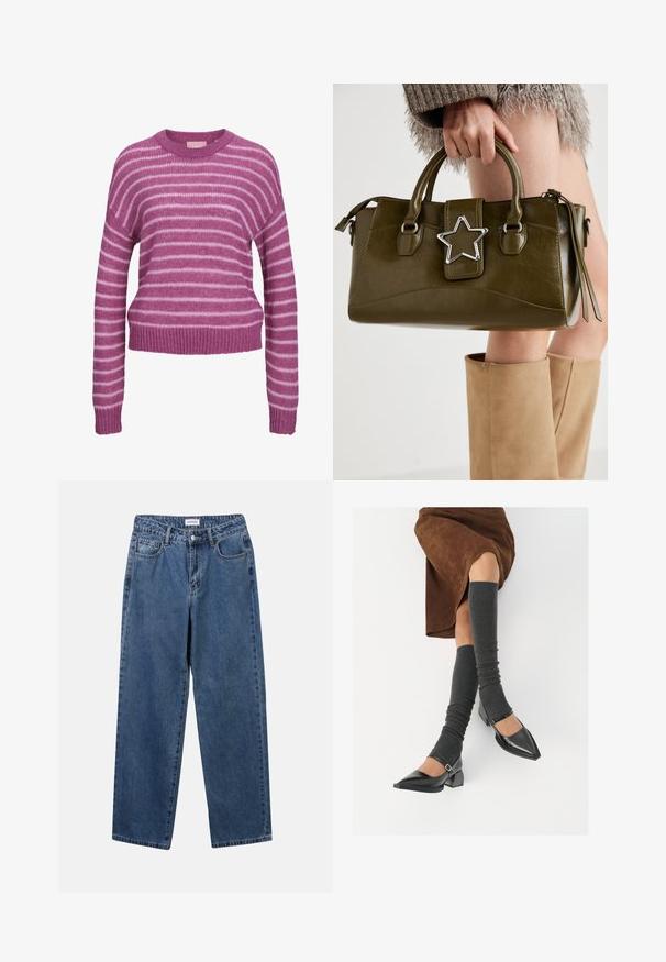 Rožinė ir balta dryžuota megzta palaidinė su apvaliomis iškirptėmis, nuleistais pečiais ir ribotais rankogaliais bei apatine dalimi. Minkšta tekstūra, trumpas kirpimas.; Klasikiniai mėlynos džinsinio audinio džinsai su tiesiomis kojomis, penkiomis kišenėmis ir mygtukų uždarymu. Pasižymi vidutiniu skalbimu ir tvirtu audiniu.; Juodi lakuoti odiniai batai su aštriu kuma ir bloko kulnu, derinami su pilkais riebiais kojų šildytuvais ir rudais zomšiniais sijonais.; Alyvuogių žalios spalvos dirbtinės odos rankinė su sidabro žvaigždės akcentu, dviem rankenomis ir užtrauktuko uždarymu. Tekstūruotas paviršius ir struktūrizuota forma.