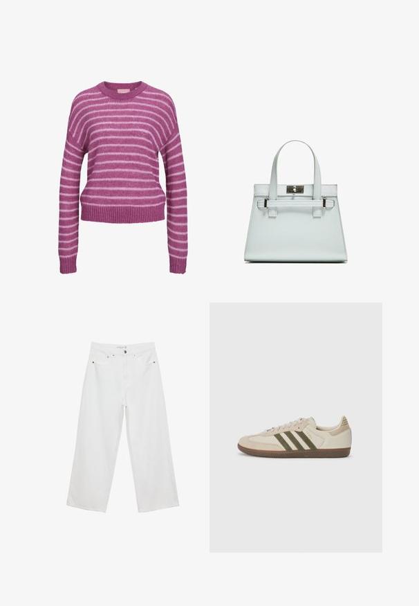 Gestreifter Pullover in Pink und Weiß aus Strick mit rundem Halsausschnitt, überschnittenen Schultern sowie gerippten Bündchen und Saum. Weiche Textur, verkürzte Passform.; Weiße Jeans im weit geschnittenen Design aus Denim mit hoher Taille, ausgestattet mit fünf Taschen und Metallbeschlägen. Glatte Textur, keine sichtbaren Muster.; adidas Originals SAMBA OG UNISEX - Sneaker low - alumina/medium dark khaki/gum; Helle blaue Handtasche mit strukturiertem Design, zwei Griffen und einem Beschlag aus silberfarbenem Metall. Texturiertes Material und scharfe Ecken.