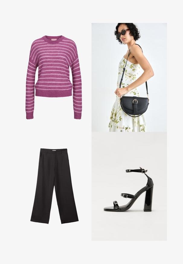 Maglione a righe rosa e bianche lavorato a maglia con scollo rotondo, spalle cadenti e polsini e orlo a coste. Texture morbida, vestibilità cropped.; Pantaloni neri a gamba larga realizzati in tessuto liscio, con zip frontale e due tasche laterali, dal taglio sartoriale e design minimalista.; Sandali con tacco in vernice nera, con punta squadrata, cinturini alla caviglia e fibbie in argento. Presentano un tacco a blocco spesso per maggiore stabilità.; Borsa a tracolla nera in pelle con una forma curva, manico rimovibile e accessori dorati. La borsa presenta una patta con un dettaglio a fibbia.