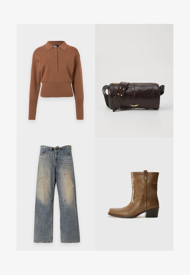 Barna kötött pulóver, galléros nyakkal, öt gombos állással, hosszú ujjal és cropped fazonnal. Sima textúrájú és testhezálló dizájn.; Világoskék farmernadrág, laza, egyenes szabással. Serteszálas, kopott és szakadt részletek jellemzik a térd környékén. Klasszikus öt zsebes stílus.; Barna bőrből készült bokacsizma négyzet alakú orral, texturált felülettel és alacsony, rakott sarkával. Hátsó húzófüllel és finom varrási részletekkel rendelkezik.; Barna krokodilbőr hatású bőr táska henger alakú, arany tónusú fémveretekkel és lecsatolható, szegecsekkel díszített pánttal.