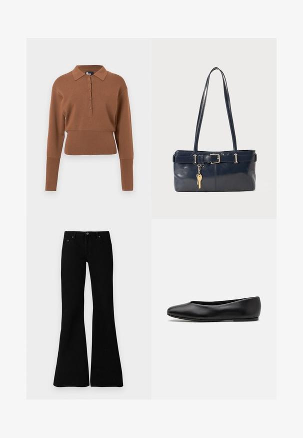 Pullover in maglia marrone con colletto, patta con cinque bottoni, maniche lunghe e orlo accorciato. Texture liscia e design aderente.; Jeans neri a zampa d'elefante realizzati in denim, con un classico design a cinque tasche, chiusura con bottone e dettagli di cucitura sottili lungo le cuciture.; Paul Smith TOPANGA - Ballerine - black; Borsa a mano in pelle blu con due manici lunghi, un dettaglio con fibbia e un portachiavi attaccato. Presenta una texture liscia e una forma rettangolare.