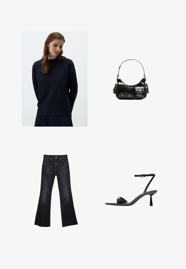 Marineblauer Pullover mit Rundhalsausschnitt, langen Ärmeln und einem strukturierten Blumendesign auf der linken Seite. Weicher Stoff mit bequemer Passform.; Schwarze, ausgestellte Jeans aus Denim mit leicht verwaschenem Textur. Verfügt über Fronttaschen, einen Reißverschluss und sichtbare Nähte.; Bershka High Heel Sandalette - black; Schwarze Lackleder-Handtasche mit geschwungenem Design, einem Schulterriemen, Vordertaschen und silberfarbenen Hardware-Akzenten.