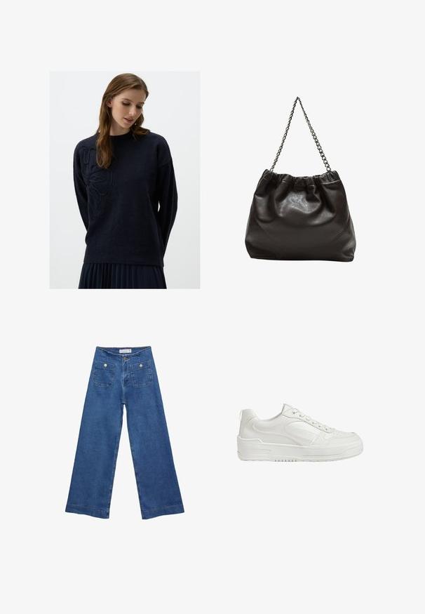 Navyblauwe trui met een ronde hals, lange mouwen en een gemêleerd bloemdesign aan de linkerkant. Zachte stof met een comfortabele pasvorm.; Denim brede pijpen jeans met een middelblauwe wassing, twee voorkanten met knoopsluitingen en gestikte details langs de zoom.; Witte leren sneakers met een gladde textuur, gevoerde enkel en geperforeerde neus. Beschikt over een iets verhoogde rubberen zool en vetersluiting.; Bruine leren tas met een geplooide bovenkant en een kettinghengsel. Glad textuur met een glanzende afwerking en subtiele naaddetails aan de zijkanten.