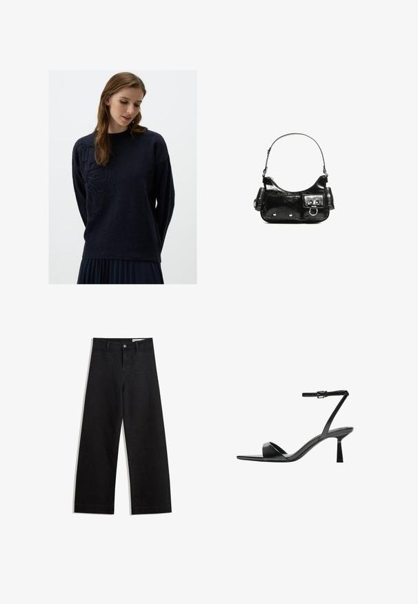 Pull bleu marine avec un col rond, des manches longues et un design floral texturé sur le côté gauche. Tissu doux avec une coupe confortable.; Pantalon en denim noir à jambes larges avec une taille haute, comprenant des poches avant et arrière, des coutures piquées et une fermeture à bouton. Texture lisse.; Bershka Sandales à talons hauts - black; Sac à main en cuir verni noir avec une forme incurvée, une bandoulière, des poches avant et des accents en métal argenté.