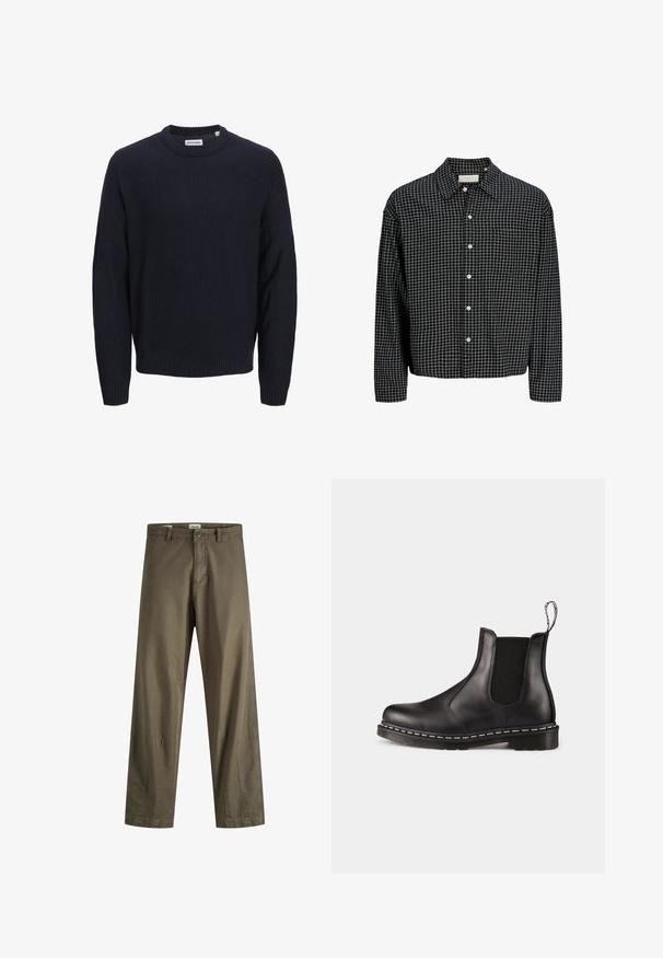 Navyblauer gestrickter Pullover mit gerippter Textur, rundem Halsausschnitt und langen Ärmeln. Verfügt über ein gewebtes Markenetikett am Halsausschnitt.; Schwarz-weißer karierter Langarmhemd mit Kragen und Brusttasche, präsentiert vor einem weißen Hintergrund.; Olivgrüne Baumwollhose mit geradem Schnitt, ausgestattet mit einem Reißverschluss, Knopfverschluss und seitlichen Taschen. Glatte Textur und minimale Details.; Schwarze Leder-Chelsea-Stiefel mit elastischen Seitenpaneelen, abgerundeter Zehenpartie, Ziehschlaufe, weißer Naht an der Sohle und strukturiertem Gummiaußensohle.