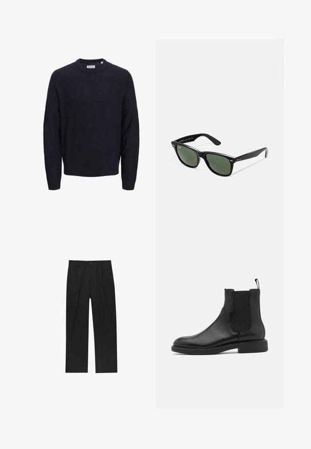 Temno modra pletena majica z rebrasto teksturo, okroglo ovratnikom in dolgimi rokavi. Ima tkan značko blagovne znamke pri ovratniku.; Črne hlače z ravnim krojem, narejene iz gladkega materiala. Imajo sprednje gube in enojno zaponko na pasu.; Črne usnjene gležnjarje z gladko teksturo, elastičnimi stranskimi paneli in zanko za obuvanje. Okrogel prst in raven gumijast podplat z minimalnim profilom.; Črne plastične sončna očala z zelenimi lečami, kvadratni okvirji, srebrni detajl na obrvi in teksturirani ročaji. Blagovna znamka navedena na notranji strani ročaja.