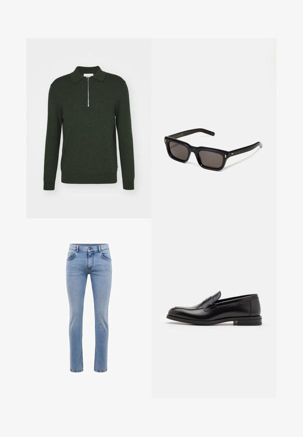 NN.07 SERGIO - Neule - dark army; Vaaleansiniset farkut, joissa on slim fit -leikkaus, viisi taskua ja suorat lahkeet. Varustettu vetoketjulla ja vyölenkeillä. Pehmeä pinta.; Mustat nahkakengät, joissa on sileä pinta, pyöreä kärki ja koristeellinen nauha jalkapöydän yli. Matala pinoitu koroke, minimalistinen muotoilu.; Mustat suorakulmaiset aurinkolasit tummilla linsseillä, paksu muovikehys, kultaiset korostukset temppeleissä ja brändin logo kaiverrettuna varteen.