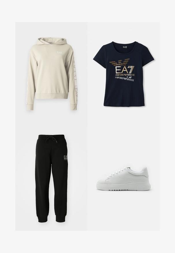 Light beige hooded sweatshirt with a textured finish, featuring EA7 logo on the chest and branding down the sleeves.; Navy blue short-sleeve t-shirt made of cotton, featuring a metallic gold graphic logo with text and stylized eagle wing accents.; Black jogger pants made of soft cotton blend, featuring an elastic waistband, drawstring, and tapered ankle cuffs. Includes front logo detail.; White sneakers with a textured leather upper, round toe, and lace-up design. Thick white rubber sole with textured grip pattern.