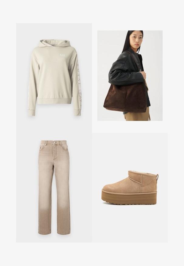 Světlý béžový mikinový svetr s kapucí a texturovaným povrchem, s logem EA7 na hrudi a nápisy na rukávech.; Béžové džíny z denimu s mírně vybledlým efektem, rovný střih, pět kapes a kovové zapínání na knoflík v pase.; Béžové semišové kotníkové boty s plyšovým interiérem, které mají platformovou podrážku a poutko na zadní straně pro snadné obutí. Texturovaná gumová podrážka.; Hnědá semišová taška přes rameno s širokým tvarem a měkkou texturou, s jedním popruhem a minimálním kovovým doplňkem na neutrálním pozadí.