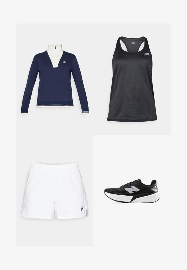 Pullover azul marinho com meia zip, feito de tecido texturizado, apresentando um colarinho e punhos brancos, bolso canguru e um logotipo verde da Lacoste.; Camisola atlética preta feita de tecido leve, com um design de costas nadador, costuras planas e o logótipo da New Balance em cinza na parte superior esquerda.; Calções atléticos brancos com um cós elástico, fendas laterais e um pequeno logotipo preto na parte inferior direita. Feitos de material leve.; Sapatilha de corrida New Balance em preto e branco, com sola espessa, parte superior de malha e logótipo "N" de lado, vista do lado externo.