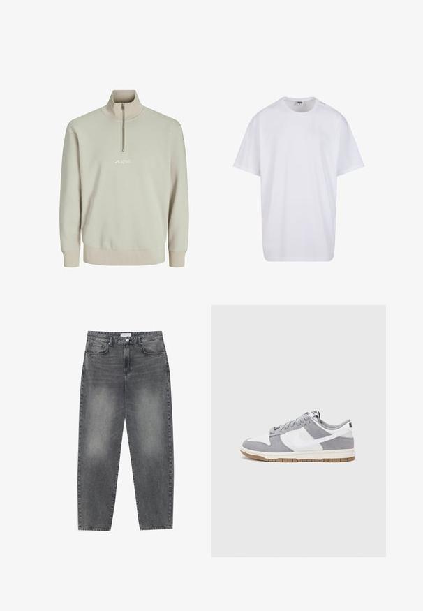 Lys beige halv-zip sweatshirt lavet af blødt stof, med ribbede manchetter og et broderet logo på brystet. Glat tekstur.; Hvid bomulds t-shirt med korte ærmer, rund halsudskæring, afslappet pasform, og ingen synlige logoer eller mønstre. Glat tekstur og minimalistisk design.; Høj talje, løstsiddende jeans i falmet sort denim. Har fem lommer, bæltestropper og et rent, lige ben design.; Grå og hvid sneaker med en overdel i ruskind og læder, rund tå, flade snørebånd og en gummisål med en gummifarvet detalje.