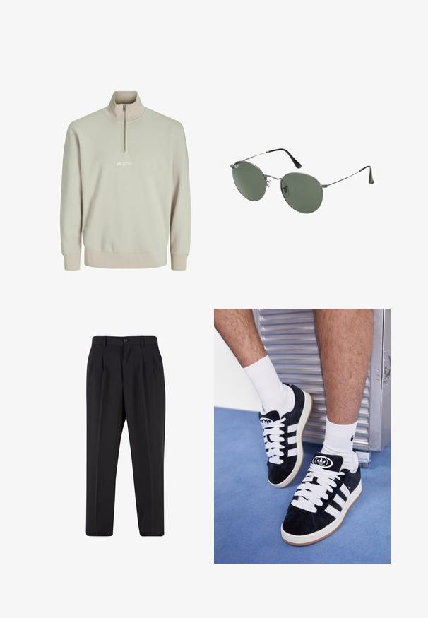 Svetlo bež polzips sweatshirt iz mehkega materiala, z rebrastimi manšeti in izvezeno logo ob prsih. Gladka tekstura.; Črne hlače z nabranim sprednjim delom, narejene iz gladkega materiala. Imajo gumbasto zapiranje in zanke za pas; ravne hlačnice.; Črne semiš teniske z belimi vezalkami in tremi belimi črtami. Imajo okroglo črno oznako na jezičku in gumijast podplat.; Sončna očala z ovalnimi zelenimi lečami v kovinskem okvirju. Tanjši srebrni kovinski okvir in črne ušesne konice. Minimalistična zasnova, brez vidnih logotipov.