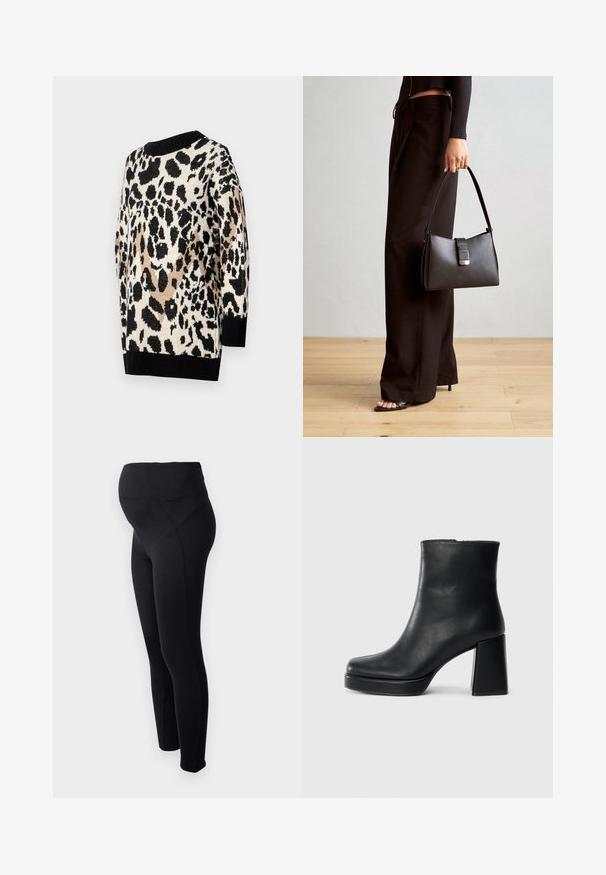 Leoparda raksta džemperis neitrālos melnā, bēšā un krēmkrāsas toņos. Tam ir apaļa kakla izgriezums un ribota melna aproce un apakšmala.; Melni grūtniecības legingi ar augstu jostasvietu, izgatavoti no elastīga materiāla. Piedāvā gludu tekstūru un pieguļošu dizainu ērtībai.; Melna ādas potīšu zābaku ar bloku papēdi un platformas zoli, skatīts no sāna uz vienkārša balta fona.; Melnā somiņa ar strukturētu formu, gludu tekstūru un metālu sprādzi. Saskaņota ar platām melnām biksēm un sandālēm ar atvērtu purngalu uz koka grīdas.