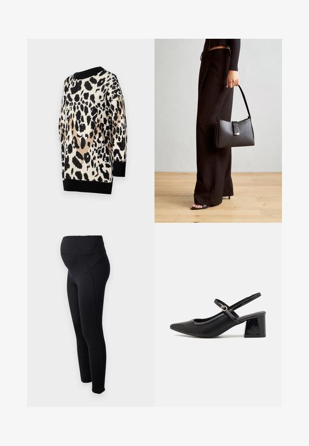 Pulover z leopardjim vzorcem v nevtralnih tonih črne, bež in smetane. Ima okrogel ovratnik ter rebraste črne manšete in rob.; Črne nosečniške legice z visokim pasom, izdelane iz elastičnega materiala. Imajo gladko teksturo in prilega zasnovo za udobje.; Črne patentne usnjene salonarce s slingback obliko, s koničastim nosom, zaobljenim izrezom in blok peto. Imajo zlato kovinsko zaponko kot dodatno okrasje.; Črna torbica z strukturirano obliko, gladko teksturo in kovinskim zaponko. Ujemajo se z širokimi črnimi hlačami in odprtimi sandali na lesenem tleh.