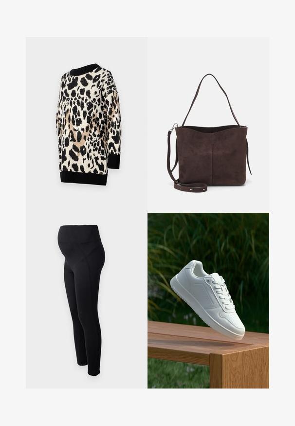Maglione a stampa leopardata in tonalità neutre di nero, beige e crema. Presenta un colletto rotondo e polsini e orlo a costine neri.; Leggings premaman neri con vita alta, realizzati in materiale elasticizzato. Presentano una texture liscia e un design aderente per il massimo comfort.; Sneaker bianco con tomaia in sintetico liscio, punta perforata, lacci piatti e suola testurizzata, esposto su una superficie di legno.; Borsa a spalla in suede marrone con una texture morbida, caratterizzata da una singola tracolla e un'apertura superiore leggermente curvata. Nessun dettaglio hardware visibile.
