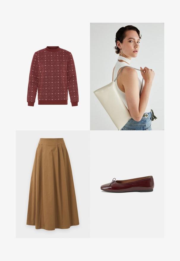 Burgundy sweatshirt with a geometric white star pattern. Ribbed crew neckline and cuffs. Soft texture and relaxed fit.; Brown cotton A-line skirt with a high waist, featuring pleats down the front and a smooth texture. Hem finishes are clean and simple.; Burgundy patent leather ballet flat with a rounded toe, small bow accent at the front, and a low, black rubber sole. Smooth texture.; White rectangular clutch bag made of glossy material, featuring a silver chain strap. Model poses, showcasing the bag against a plain background.