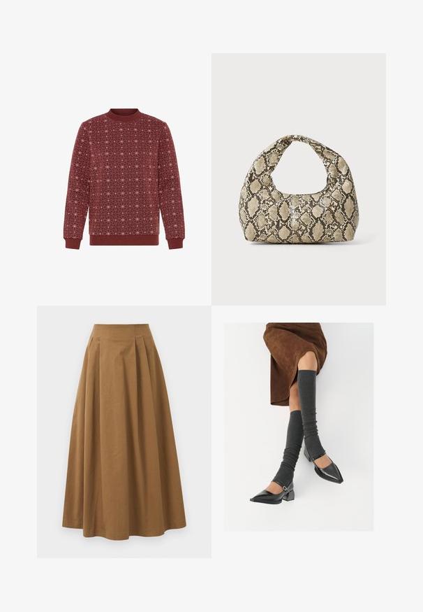 Burgundia värvi sviiter geomeetrilise valge tähe mustriga. Ribide äärtega ümar kaelus ja varrukate äär. Pehme tekstuur ja mugav lõige.; Pruun puuvillane A-line seelik kõrge vöökohaga, millel on voldid ees ja sile tekstuur. Pika serva viimistlus on puhas ja lihtne.; Mustad patsaline odav värviga kingad, millel on kreen ja pahkluuring, on paaritatud hallide ribakudumitega sääremiidega ja pruunist nahast seelikuga.; Musta käärmeprindiga kott kõveraga käepidemega. Valmistatud tekstiilsetest, beežidest ja pruunidest materjalidest, millel on iseloomulik rombikujuline muster.