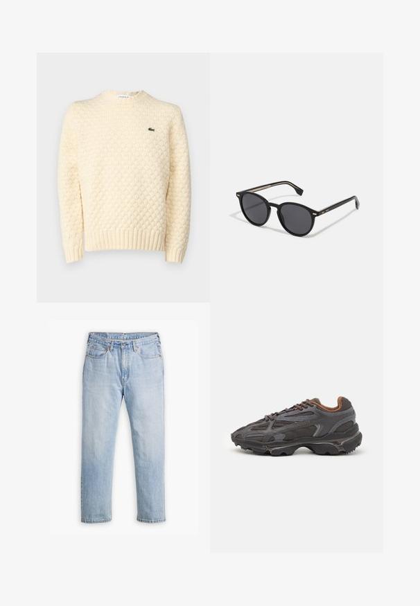 Kremkrāsas adīts džemperis ar tekstru izmērā, ribotām aprocēm un apakšmalu; uz krūtīm redzama maza zaļa Lacoste emblēma.; Gaiši zili džinsi ar taisnu kāju dizainu, piecu kabatu stilu un kontrastējošu diegu. Pogas un rāvējslēdzēja aizdare jostasvietā.; Lacoste kedas tumši pelēkā krāsā ar acu audumu un sintētisko materiālu, ar teksturētu zoli un brūniem akcentiem apkaklītē un zīmola uzrakstā.; BOSS Saulesbrilles - black