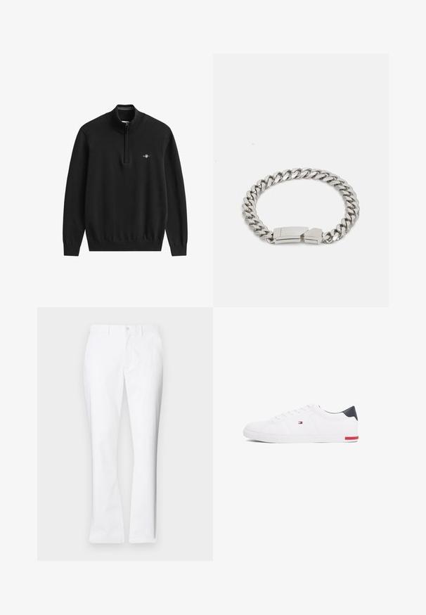 Juodas ketvirtį užtrauktukas mezginių megztinis, pagamintas iš minkštos megztos medžiagos. Yra guminis apykaklė, rankogaliai ir apačia, su mažo dydžio logotipu krūtinės srityje.; Balta medvilninė marškinė su apvaliu kaklu, kairėje krūtinės pusėje turi mažą raudoną, baltą ir mėlyną logotipo etikėtę. Trumpomis rankovėmis, klasikško kirpimo.; Balti medvilniniai kelnių su tiesiu pjūviu, priekinėmis kišenėmis, vieno mygtuko uždarymu ir lygiu paviršiumi.; Balti žemi kedai, pagaminti iš lygios odos. Yra tamsiai mėlynas kulno užsegimas ir raudona detalė ant pado. Šešios skylutės raišteliams.; Calvin Klein ELECTRIC - Apyrankė - silver-coloured