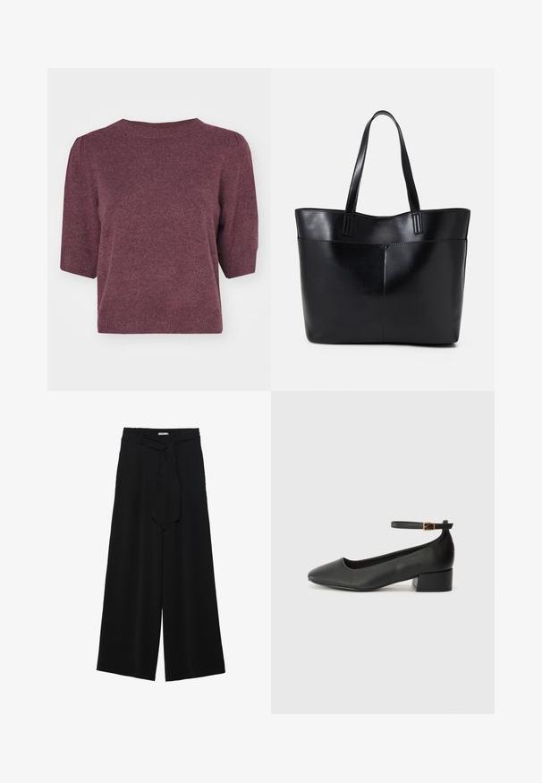 Sweater tricotado cor bordo com mangas curtas em forma de puff, decote redondo e um ajuste ligeiramente solto. Textura suave com um padrão subtil por todo o lado.; Calças largas pretas com um tecido texturizado, uma cintura elástica e um laço destacável na cintura para um ajuste ajustável.; Sandal de pele preta com bico pontiagudo e um salto bloco baixo. Apresenta uma tira no tornozelo com uma fivela em tom dourado. Textura suave.; Bolsa tote preta em couro com duas alças longas, textura suave e forma estruturada. Apresenta um bolso frontal para armazenamento adicional.