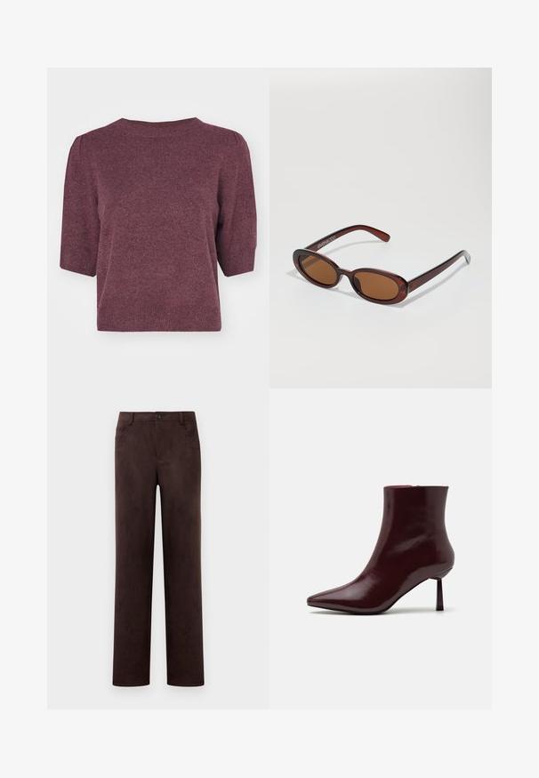Bordo megztinis su trumpomis pūstomis rankovėmis, apvaliu kaklu ir šiek tiek laisvu siluetu. Minkšta tekstūra su subtiliu raštu visame megztinyje.; Tiesios kojų tamsiai rudos suede kelnės su priekyje esančiu mygtuku ir užtrauktuku, diržo kilputėmis ir šoninėmis kišenėmis.; Burgundiško spalvos patentuotas odos kulkšninis batus su smailiu kojų pirštu ir plonu stiletu kulnu, pasižymintys sklandžia, blizgia tekstūra ir minimalistiniu dizainu.; APvalūs, rudos spalvos saulės akiniai su blizgia burgundinės spalvos rėmeliu. Plonos šakutės su subtiliu ženklinimu. Lygus objektyvo dizainas.; Austis raudonas pintas rankinės su apvalia forma ir viena rankena, kuri turi tekstūruotą paviršių ir elastingą raištelį.