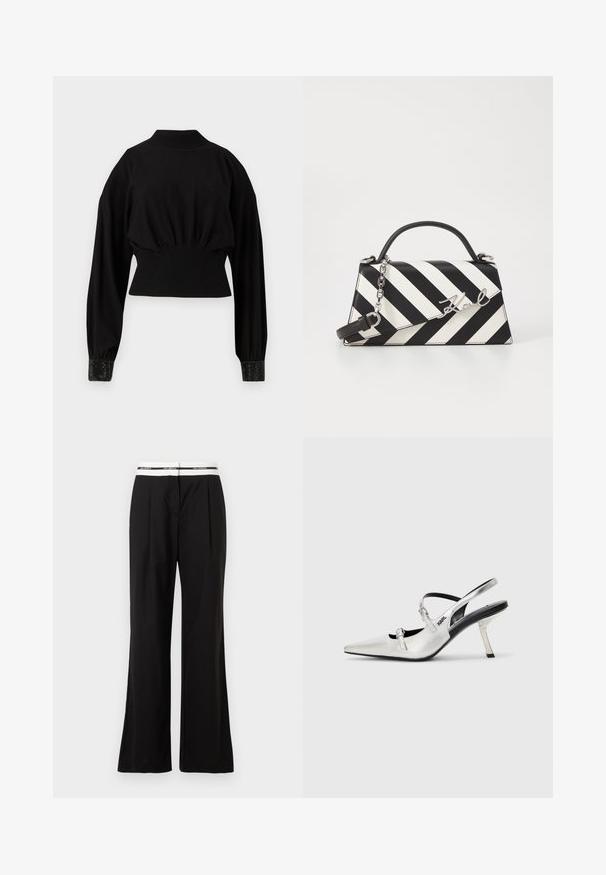 Black cropped sweater with long sleeves, ribbed neckline, and textured cuffs featuring embellishments, made from soft, stretchy material.; Black trousers with a relaxed fit, featuring a white elastic waistband with branding. Made of smooth fabric with a slight sheen.; Silver slingback heels with a pointed toe, featuring a smooth metallic finish, a slender heel, and decorative strap details.; Black and white striped handbag with a structured shape, featuring a top handle, a detachable chain strap, and metallic logo accent.