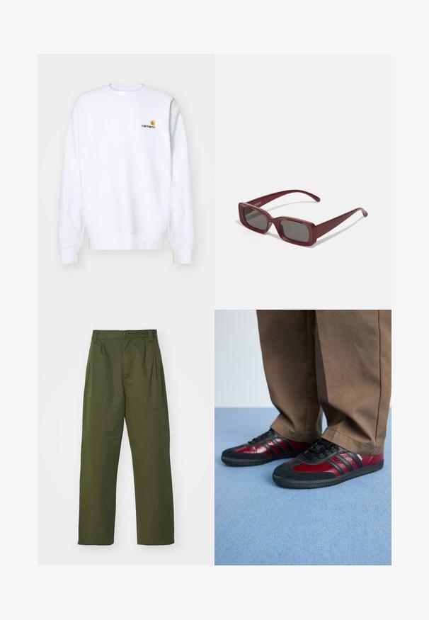 Carhartt WIP AMERICAN SCRIPT - Camisola - white; Calças verde oliva de cintura alta com um design de perna reta. Feitas de um tecido leve, com pregas frontais e fecho de botão.; Tênis atléticos pretos e burgundy com materiais de couro e camurça, apresentando cadarços pretos e três riscas pretas de lado. Sola em borracha.; Óculos de sol retangulares cor burdeos com lentes escuras, armações grossas e hastes afuniladas. Feitos de plástico brilhante com uma textura suave.