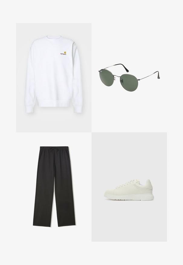 Carhartt WIP AMERICAN SCRIPT - Sweatshirt - white; Black, wide-leg, elastic waist pants with a drawstring, featuring side pockets and a smooth, lightweight fabric finish.; White leather sneaker with textured upper, rounded toe, flat white sole, and tonal laces. Subtle branding on the tongue.; Metal-framed sunglasses with oval green lenses. Thin silver metal frame and black ear tips. Minimalist design, no visible logos.