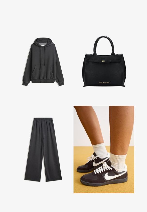 Tmavě šedá mikina s kapucí vyrobená z měkké látky má klokaní kapsu, nastavitelné šňůrky na kapuci a žebrované manžety a spodní lem.; Široké černé kalhoty vyrobené z jemné tkaniny, s elastickým pasem a bočními kapsami. Hladký povrch s čistým švem.; Černobílé tenisky Nike se svrškem z semiše a kůže, bílé tkaničky, nošeny s proužkovanými krémovými ponožkami, na žlutém pozadí.; Černá kožená kabelka s pevnou strukturou, horními držadly, hladkou texturou, zlatým kováním a přední sponou. Na spodní části je značka.
